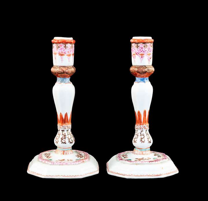GG: Pair of Chinese export porcelain famille rose candlesticks